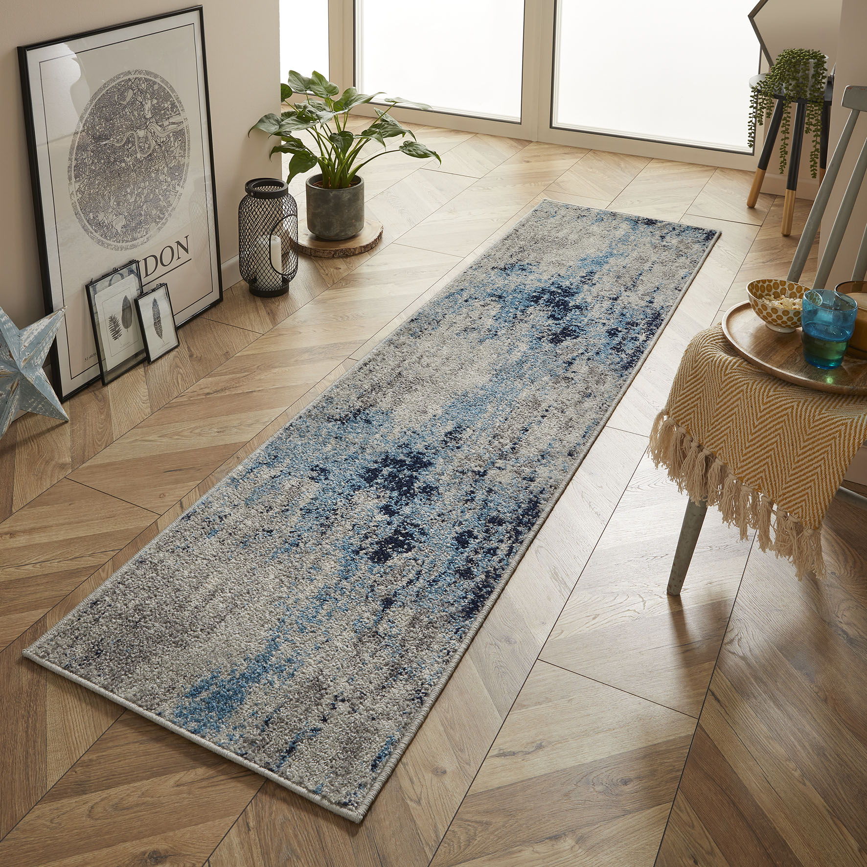 Gilbert 90 L Distressed Abstract Runner Rugs In Blue Grey Cream